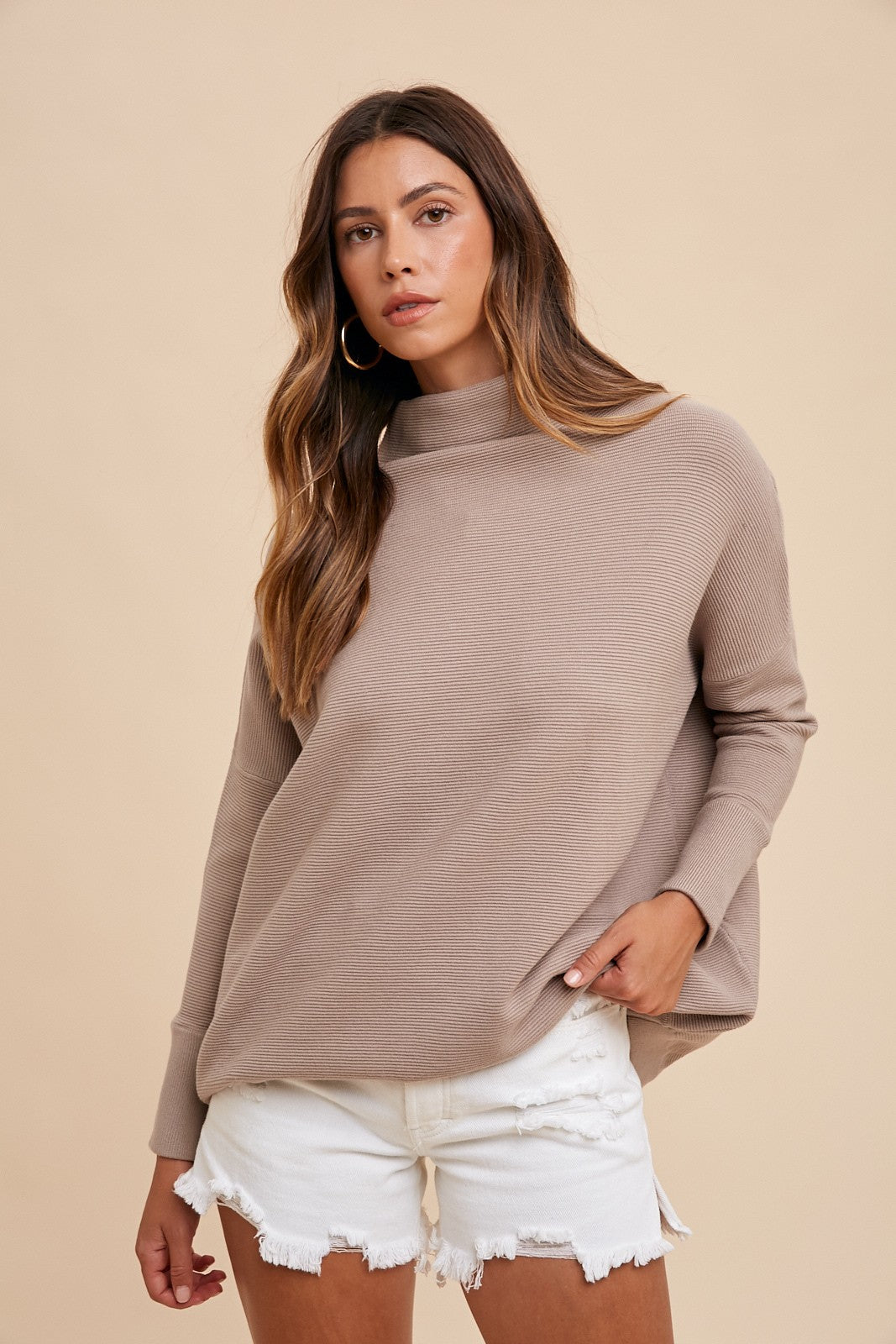 Oversized Fit Textured Sweater Tunic in Beige