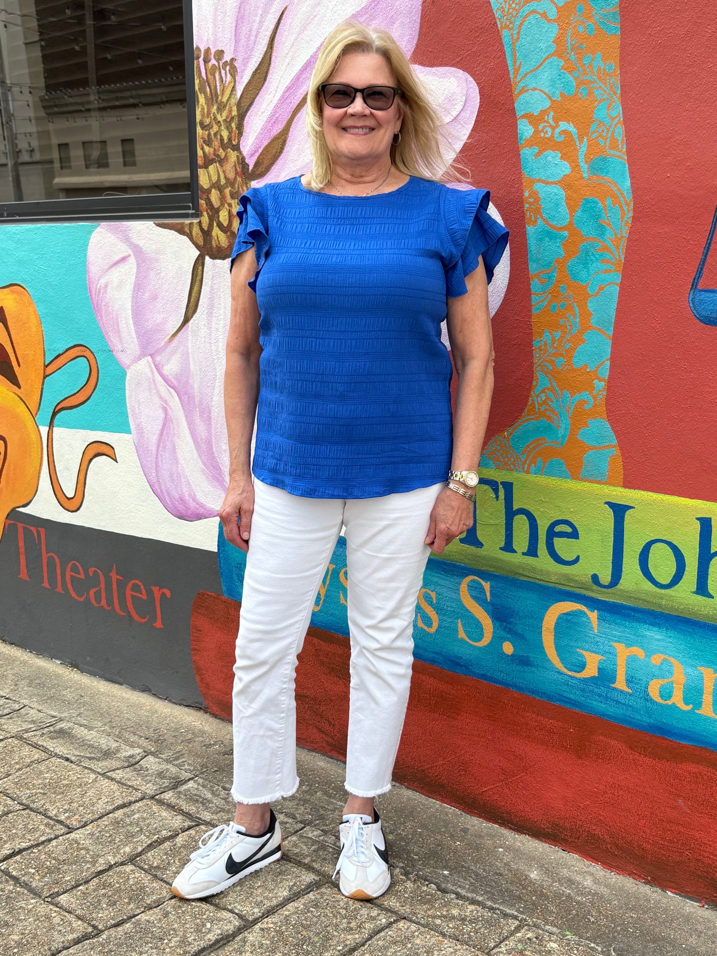 Ruffle Sleeve Textured Smocked Blouse in Blue