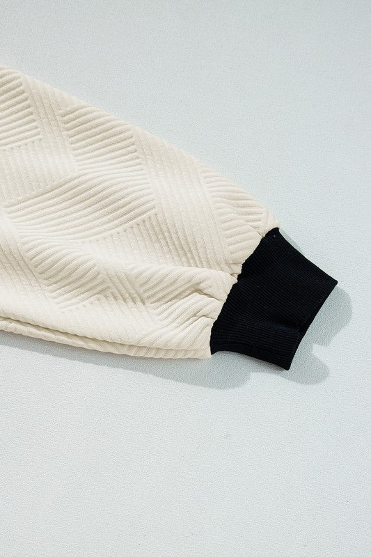 Textured Contrast Trim Raglan Top in Cream