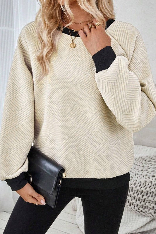 Textured Contrast Trim Raglan Top in Cream