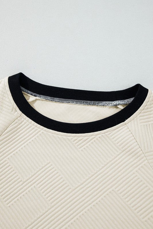 Textured Contrast Trim Raglan Top in Cream