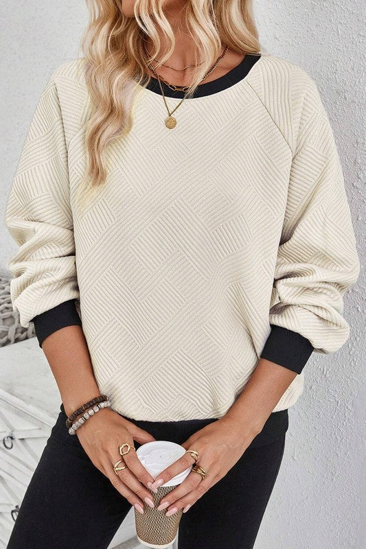 Textured Contrast Trim Raglan Top in Cream