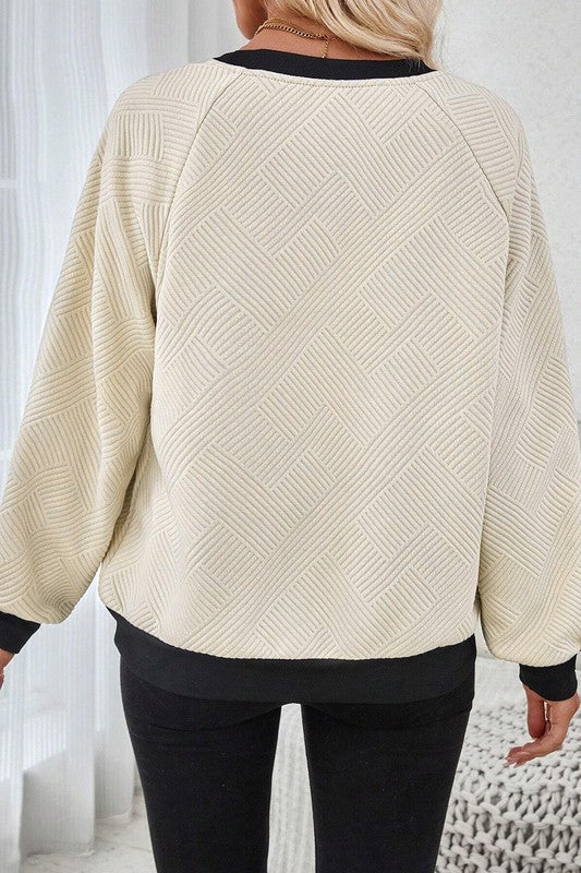 Textured Contrast Trim Raglan Top in Cream