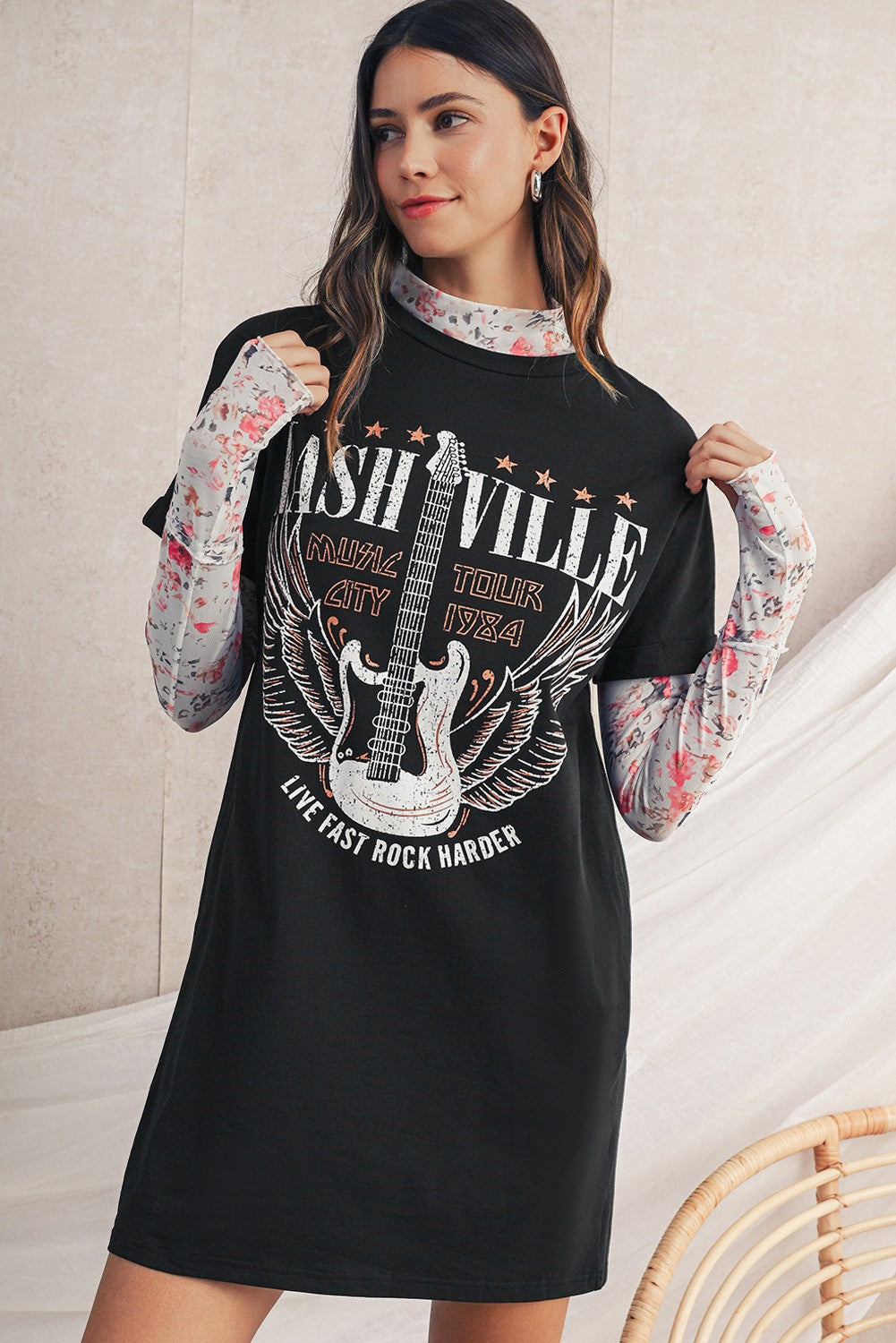Nashville Guitar T-Shirt Mini Dress in Black