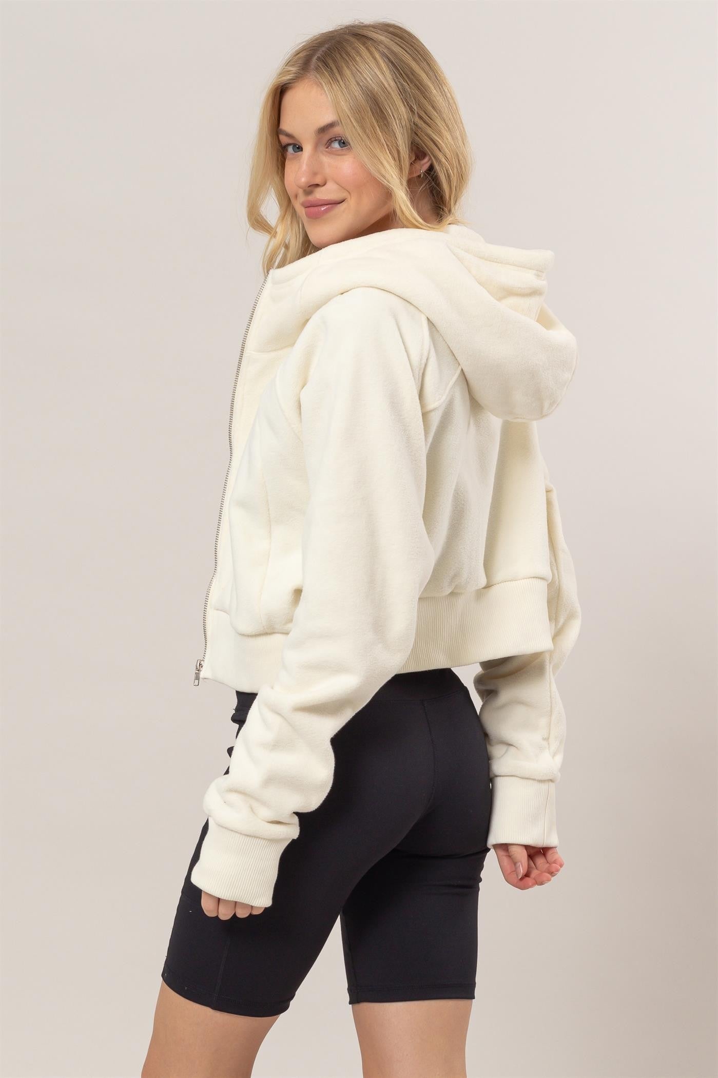 Cropped Fleece Zip Front Hooded Jacket in Cream