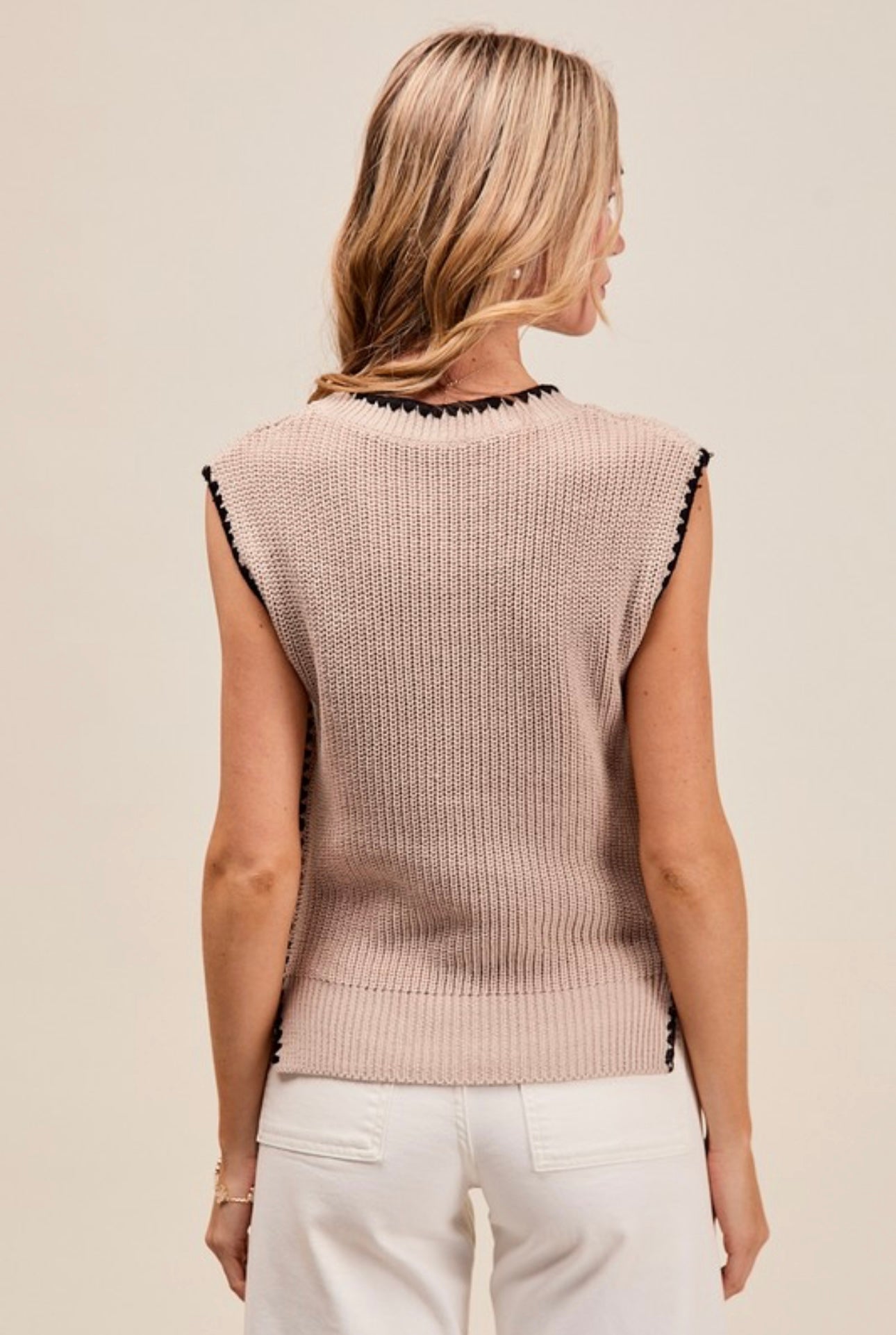 Sleeveless Sweater Top with Side Slits in Taupe/Black