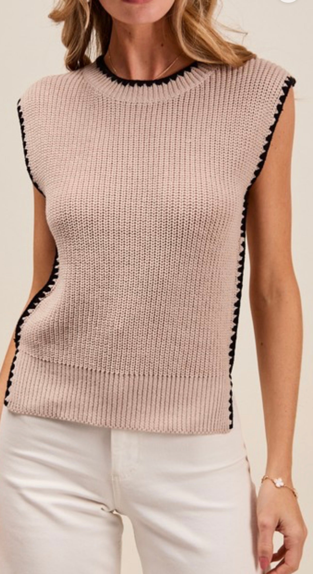Sleeveless Sweater Top with Side Slits in Taupe/Black