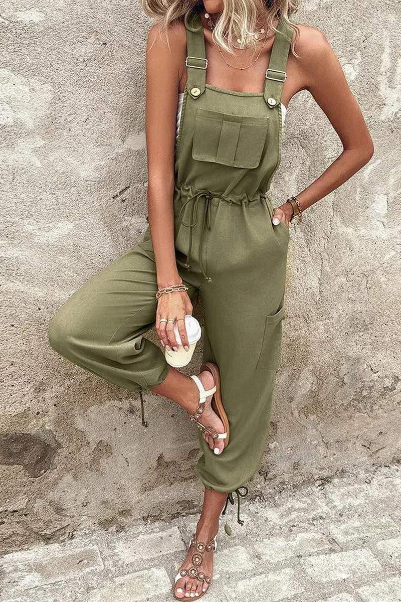 Pocket Design Drawstring Suspender Jumpsuit in Army Green