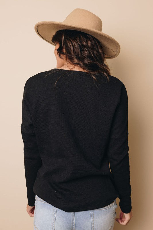 Waffle Knit Henley Top in Black