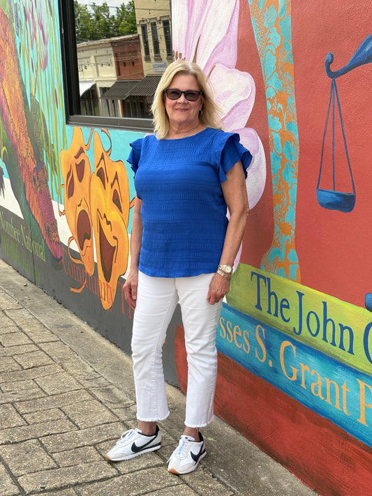 Ruffle Sleeve Textured Smocked Blouse in Blue
