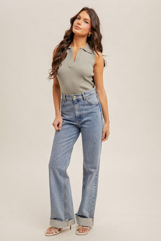 Collared Rib Sweater Tank in Dusty Olive