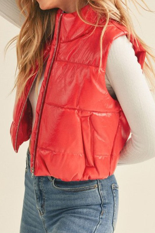 Faux Leather High Neck Zip Up Puffer Vest