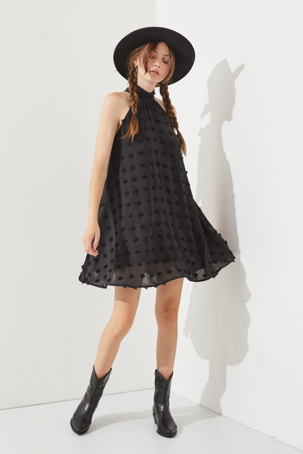 Polka Dot Hair Ball Halter Neck Dress in Black