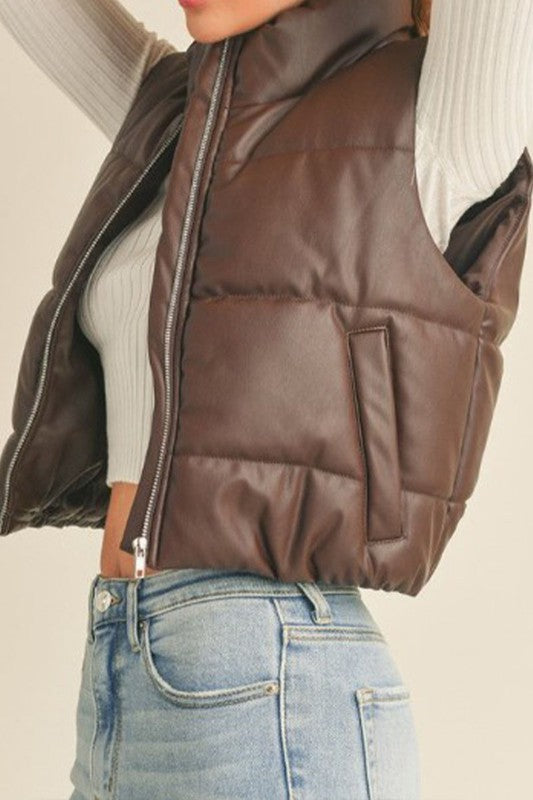 Faux Leather High Neck Zip Up Puffer Vest