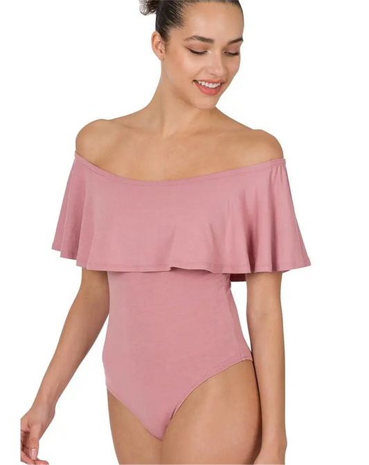 Ruffle off the shoulder BodySuit in Mauve