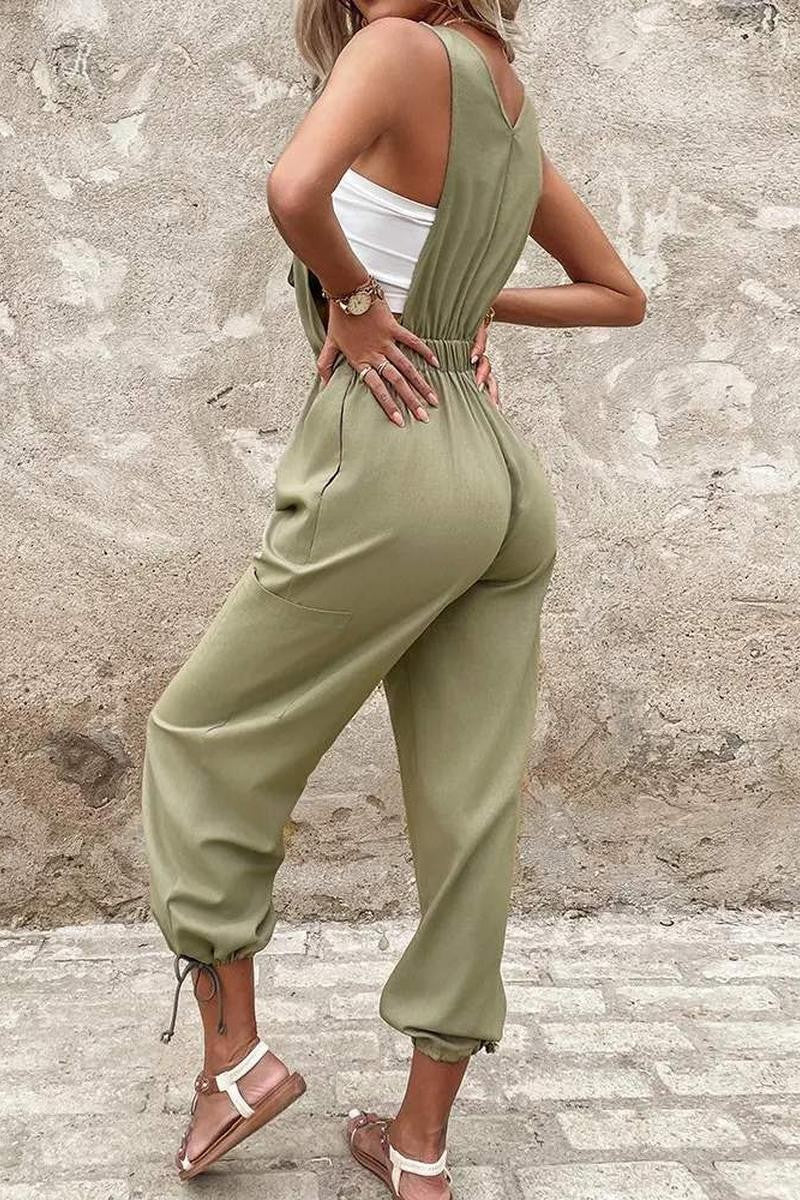 Pocket Design Drawstring Suspender Jumpsuit in Army Green