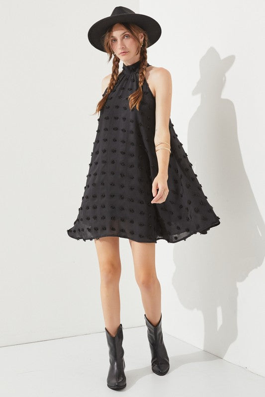 Polka Dot Hair Ball Halter Neck Dress in Black