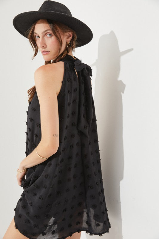 Polka Dot Hair Ball Halter Neck Dress in Black