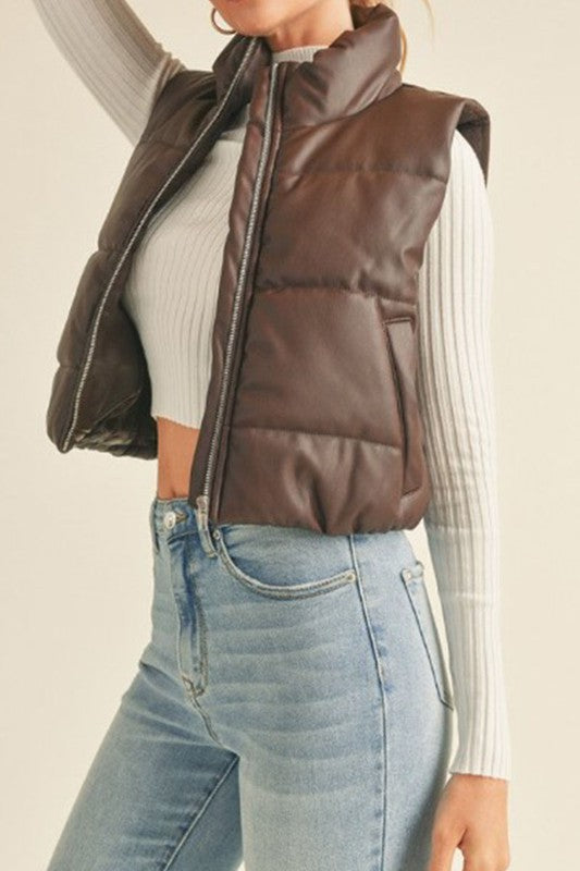 Faux Leather High Neck Zip Up Puffer Vest