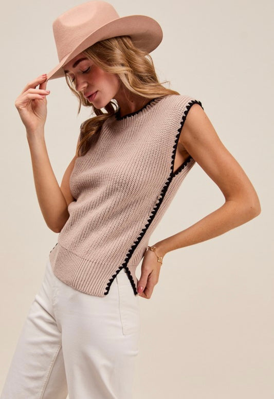 Sleeveless Sweater Top with Side Slits in Taupe/Black