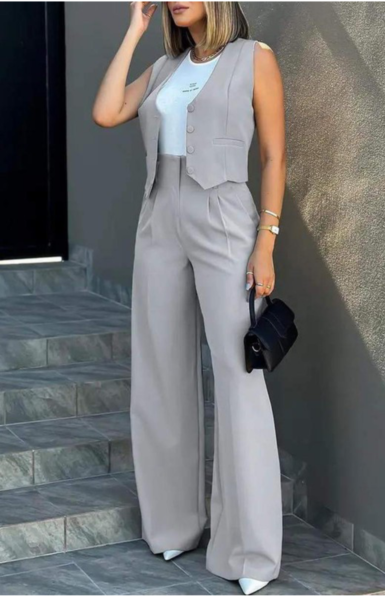 Buttoned Vest Top/ Wide Leg Pants Set in Gray