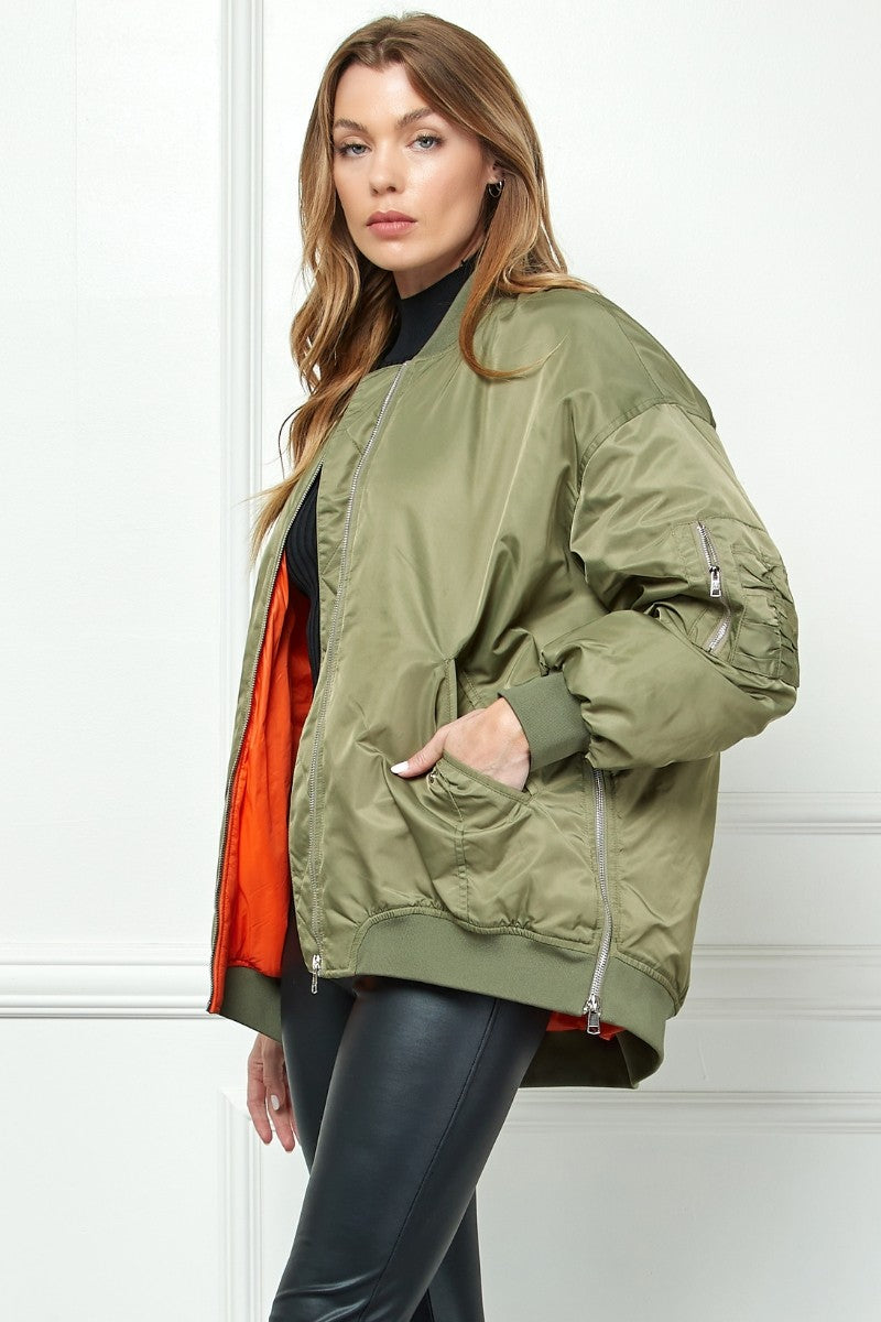 Oversize Bomber Jacket in Olive Green