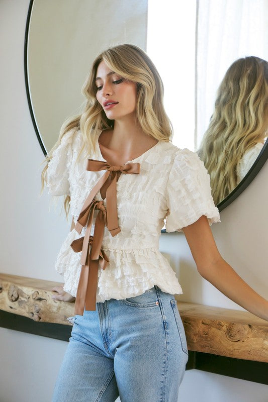 Bubble Babydoll Blouse with Contrast Bow Tie in Vanilla