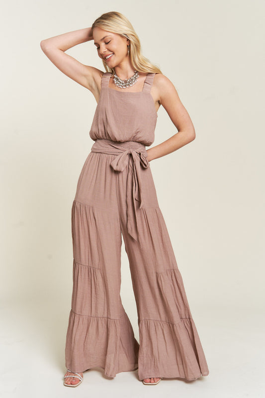 Elastic Strap Tiered Jumpsuit in Taupe