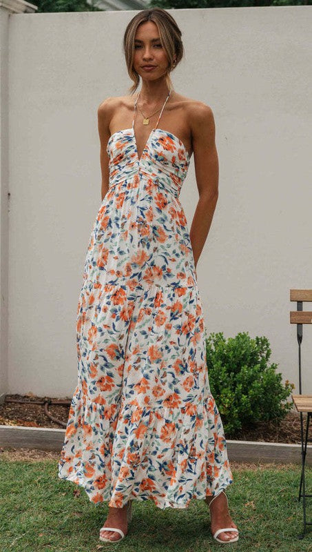 Chiffon V Neck Floral Maxi Dress