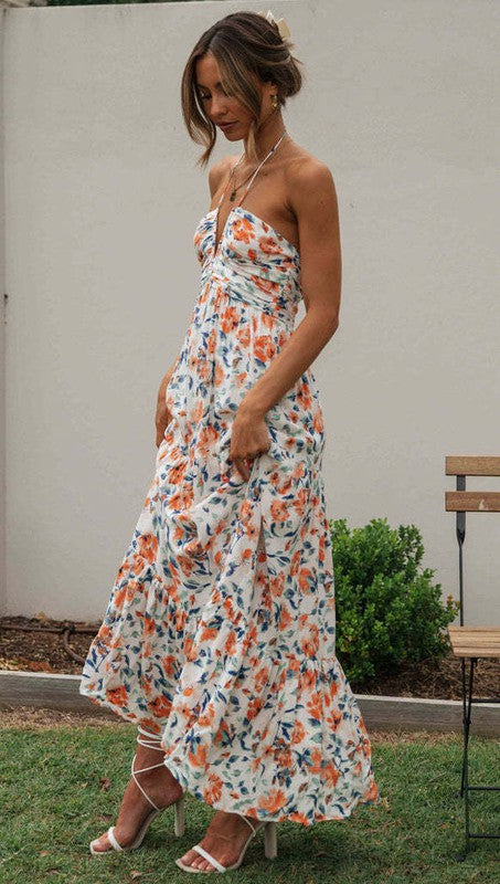 Chiffon V Neck Floral Maxi Dress