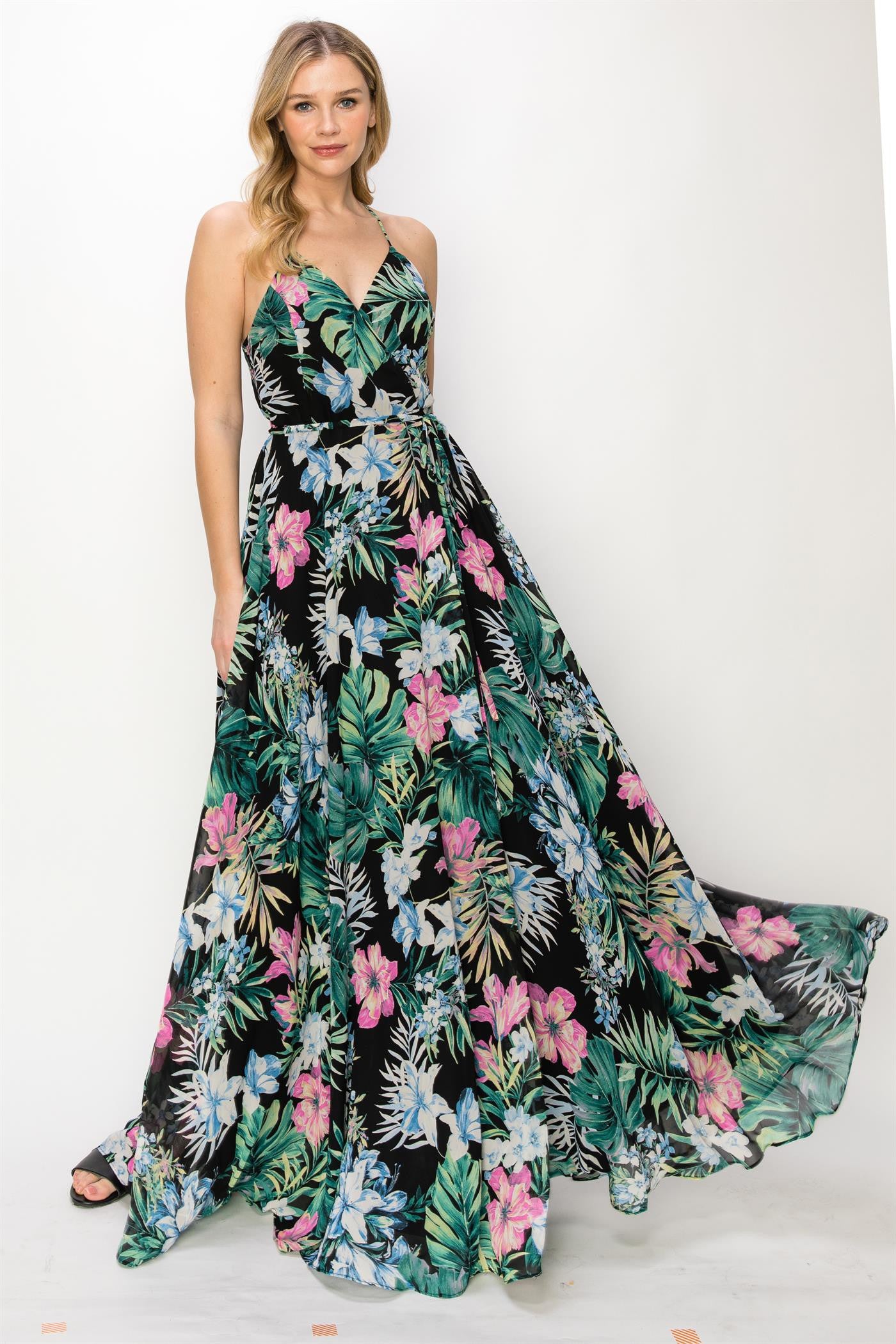 Sleeveless Floral Wrap Dress