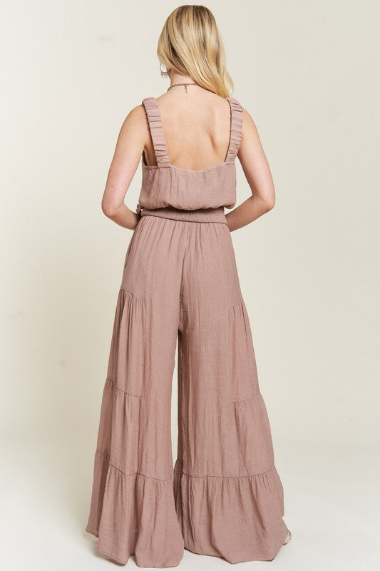 Elastic Strap Tiered Jumpsuit in Taupe