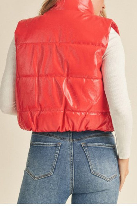 Faux Leather High Neck Zip Up Puffer Vest