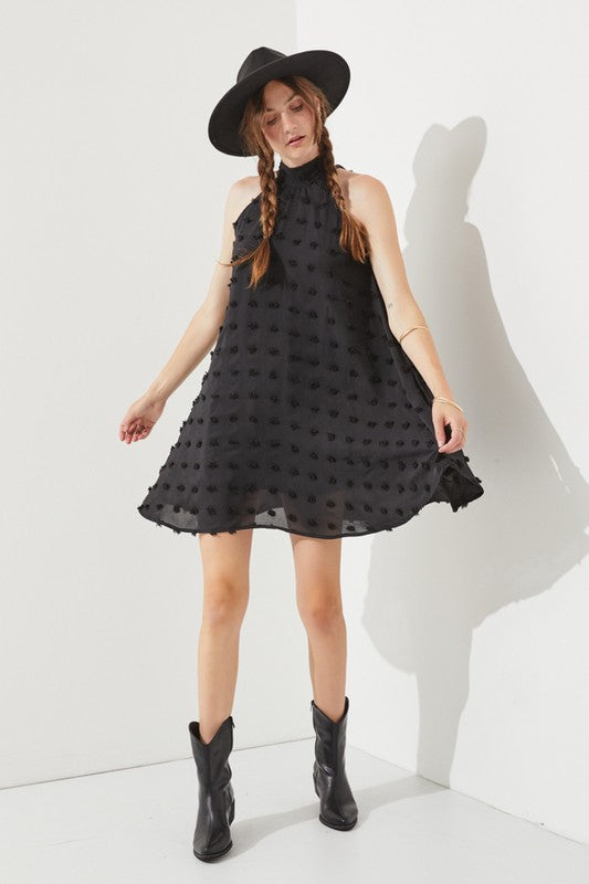 Polka Dot Hair Ball Halter Neck Dress in Black