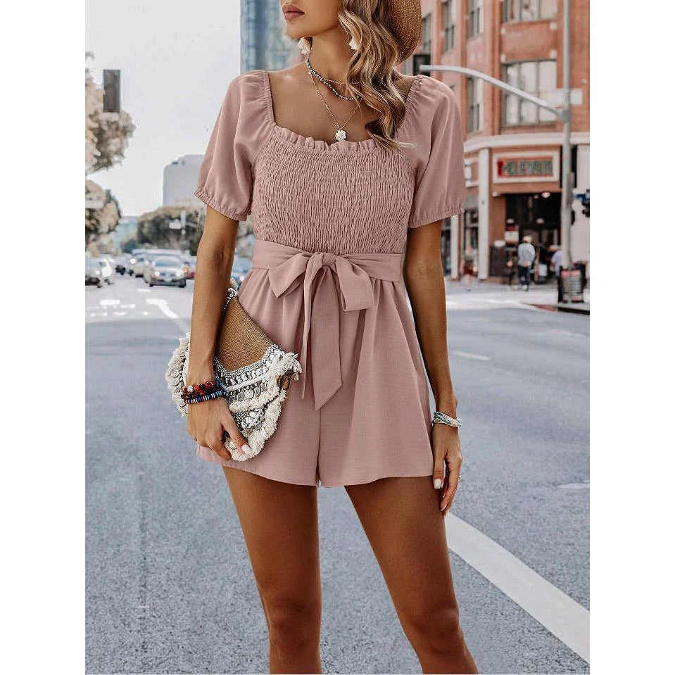 Smocked Square Neck Waist Tie Romper in Black & Blush Pink