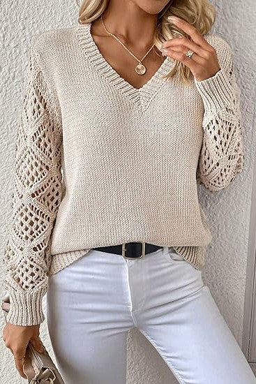 Hollow Out V Neck Sweater in Cream