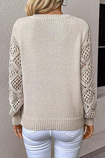 Hollow Out V Neck Sweater in Cream