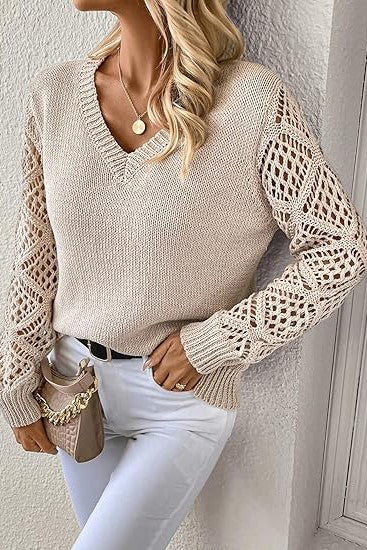 Hollow Out V Neck Sweater in Cream