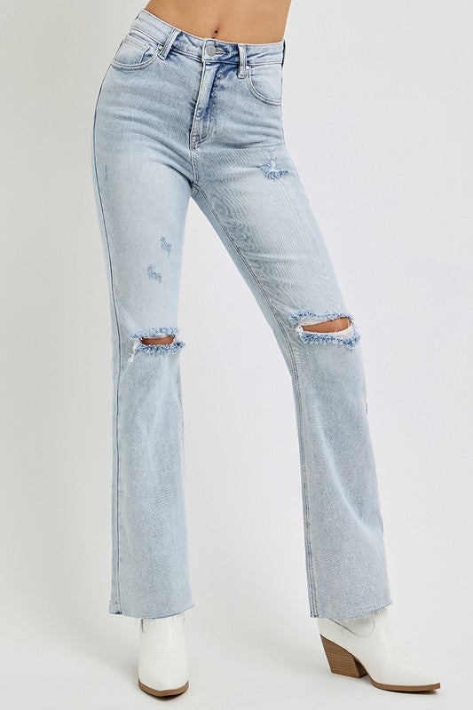 High Rise Ankle Flare Distressed Jeans in Light