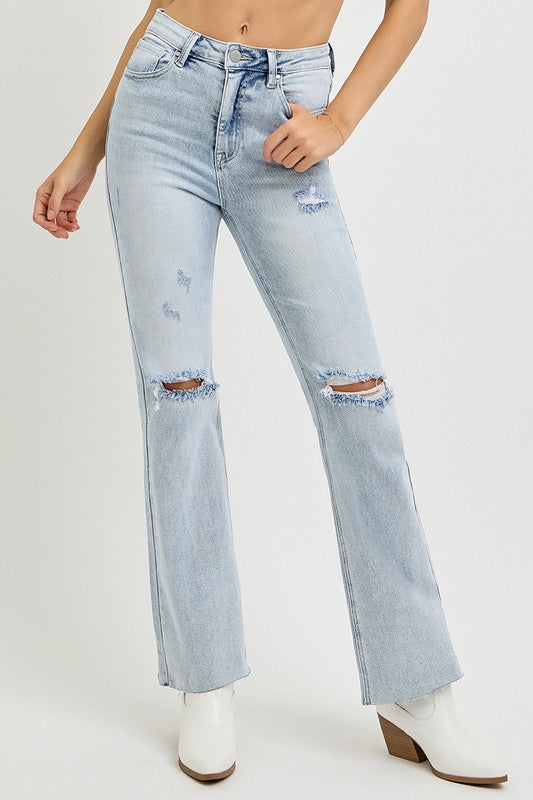 High Rise Ankle Flare Distressed Jeans in Light