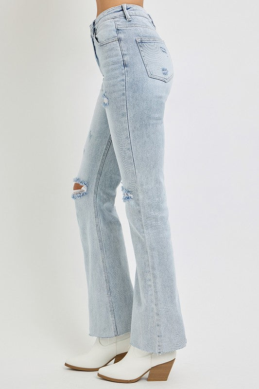 High Rise Ankle Flare Distressed Jeans in Light