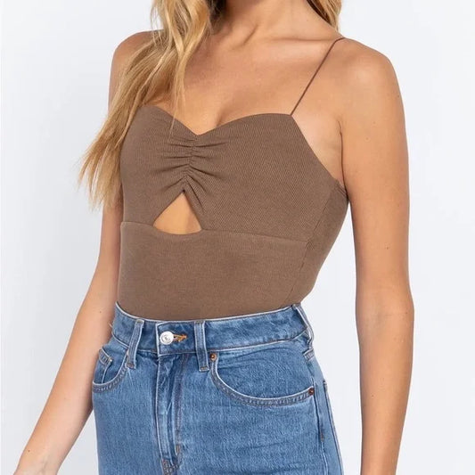 Fitted Keyhole Rib Knit Cami Bodysuit in Brown