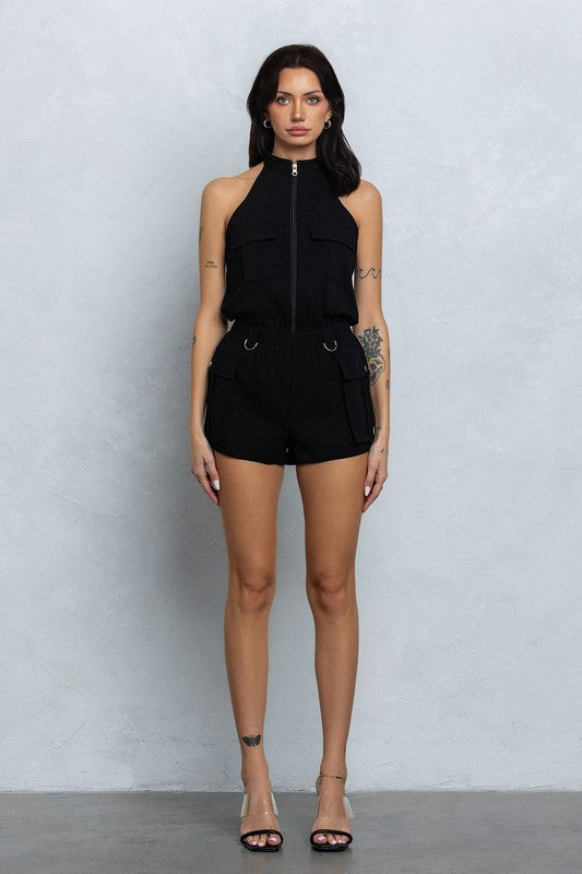 Stretchy Woven Zip Up Halter Neck Cargo Romper