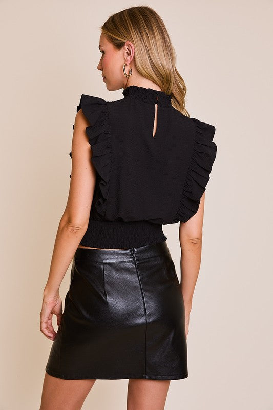 Mock Neck Ruffle Sleeve Top in Black